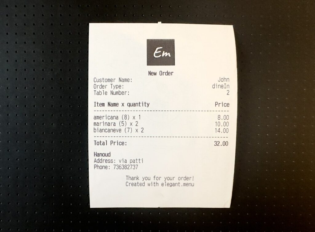 elegant menu order reciept printing